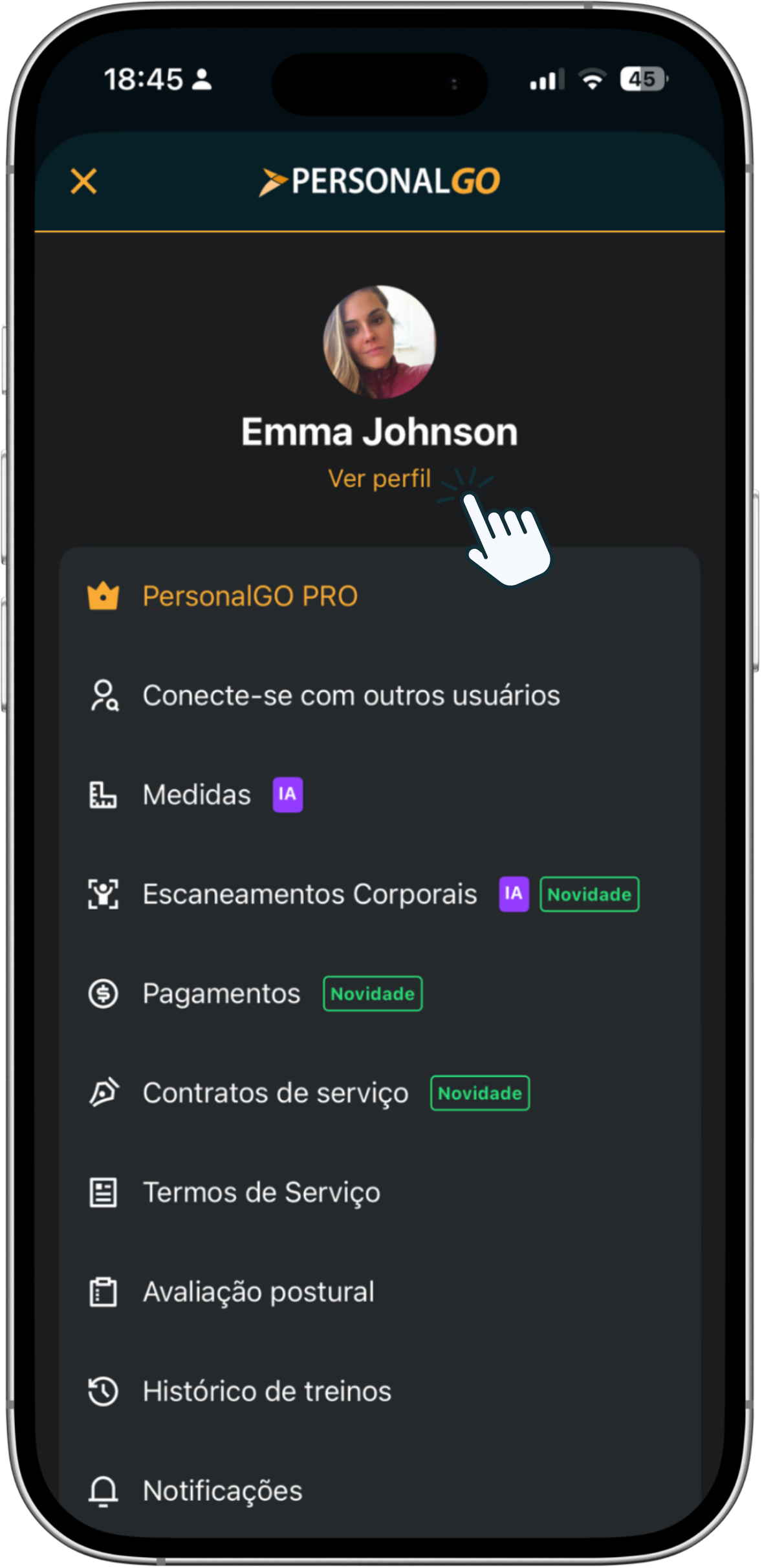 Menu de navegação do app PersonalGO com a opção Ver perfil em destaque