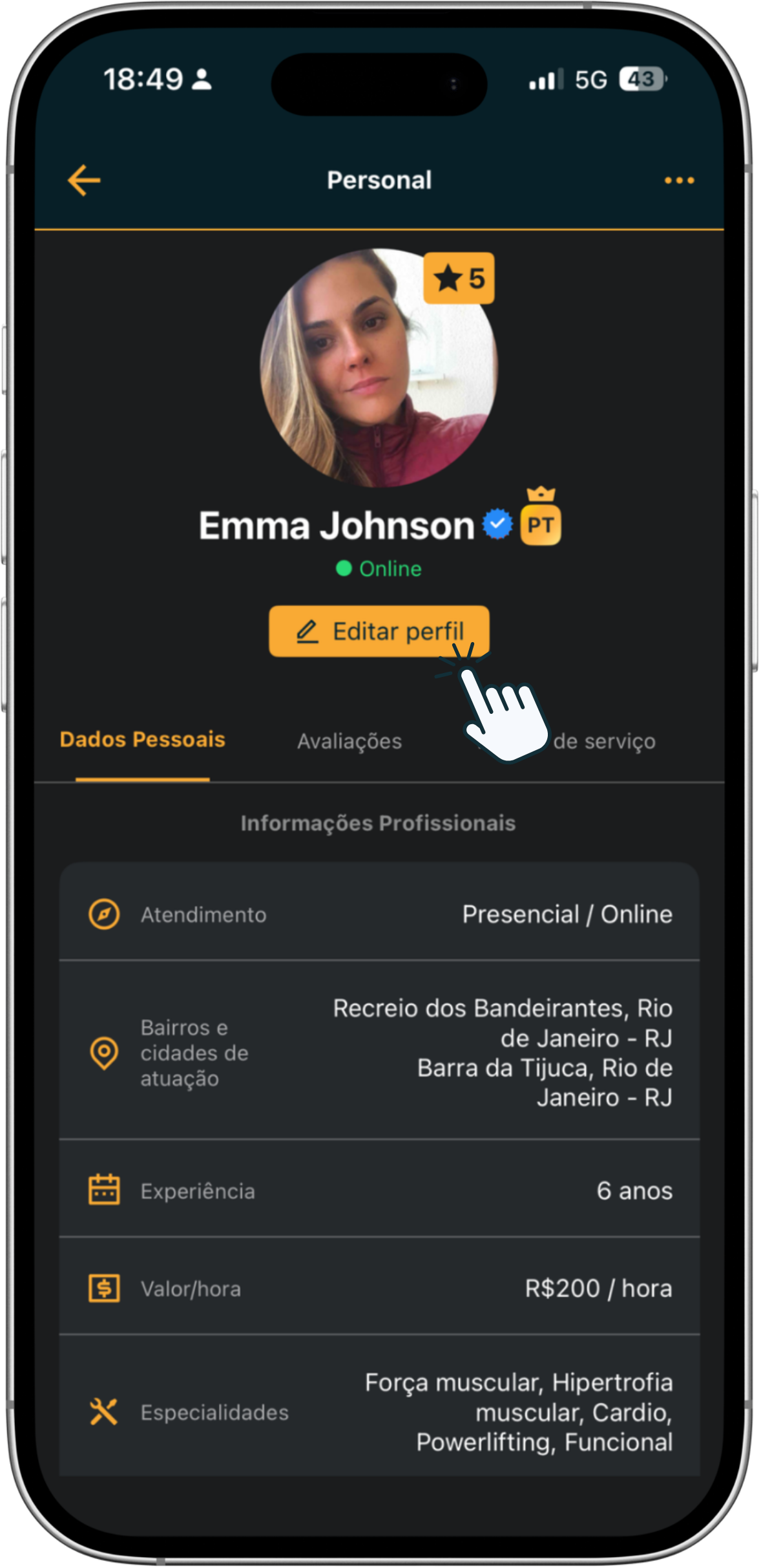 Tela de perfil do app PersonalGO com o botão Editar Perfil em destaque